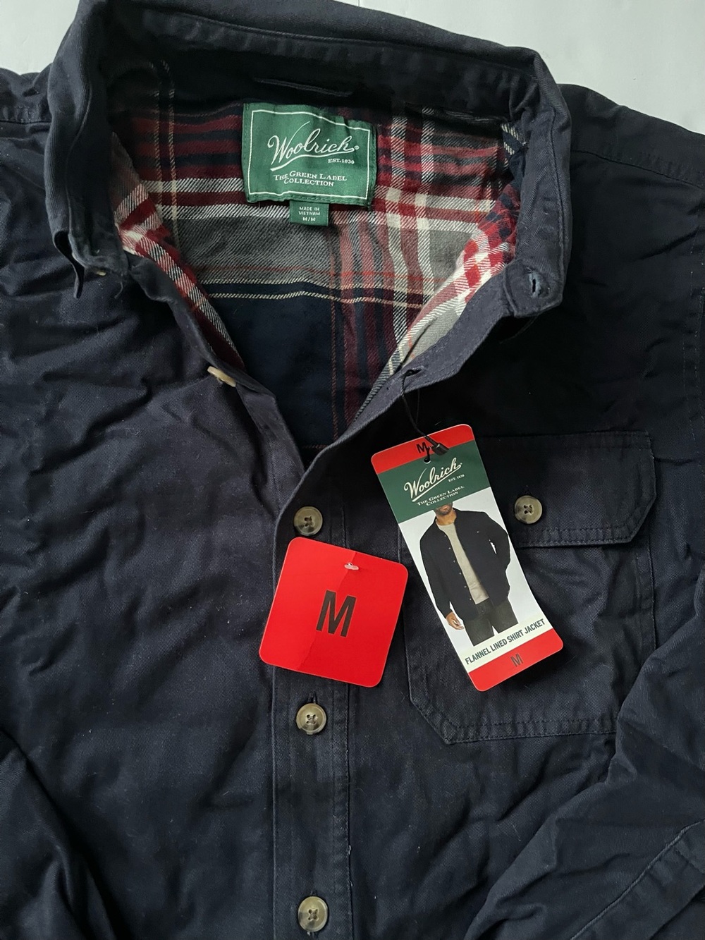 Woolrich Navy Men's Flannel-Lined Shirt Jacket with Plaid Lining